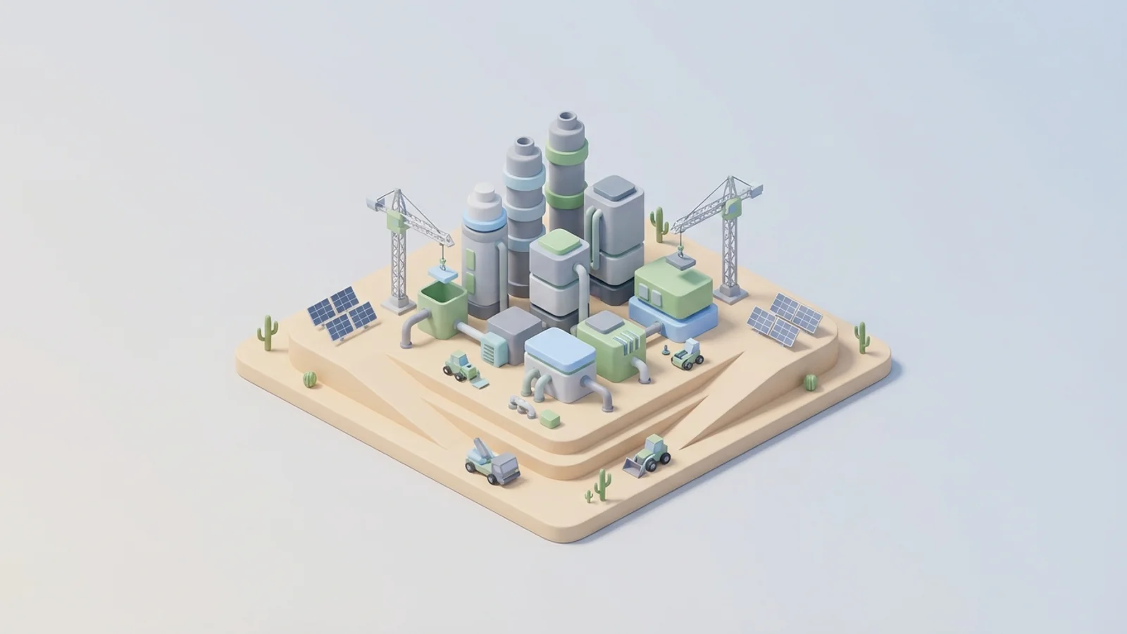 Isometric 3D illustration of A sprawling construction site for a green hydrogen production facility in a desert landscape, with massive electrolyzer units visible.