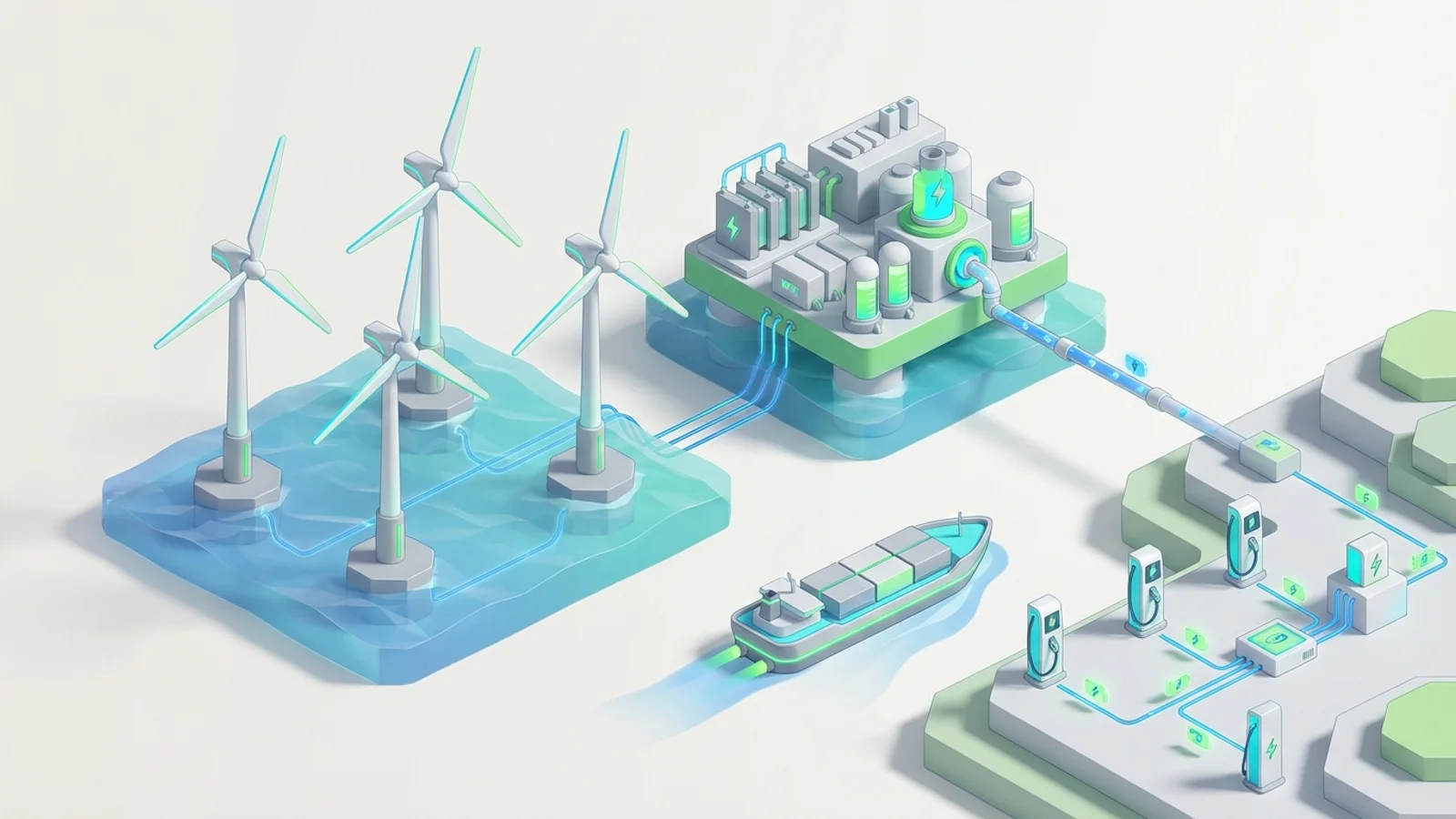 Isometric 3D illustration of An isometric scene featuring a sprawling offshore wind farm with turbines towering over the sea, connected to a large green hydrogen production platform floating nearby, while an electric autonomous cargo ship navigates past a network of high-speed EV charging stations on the adjacent coastline.