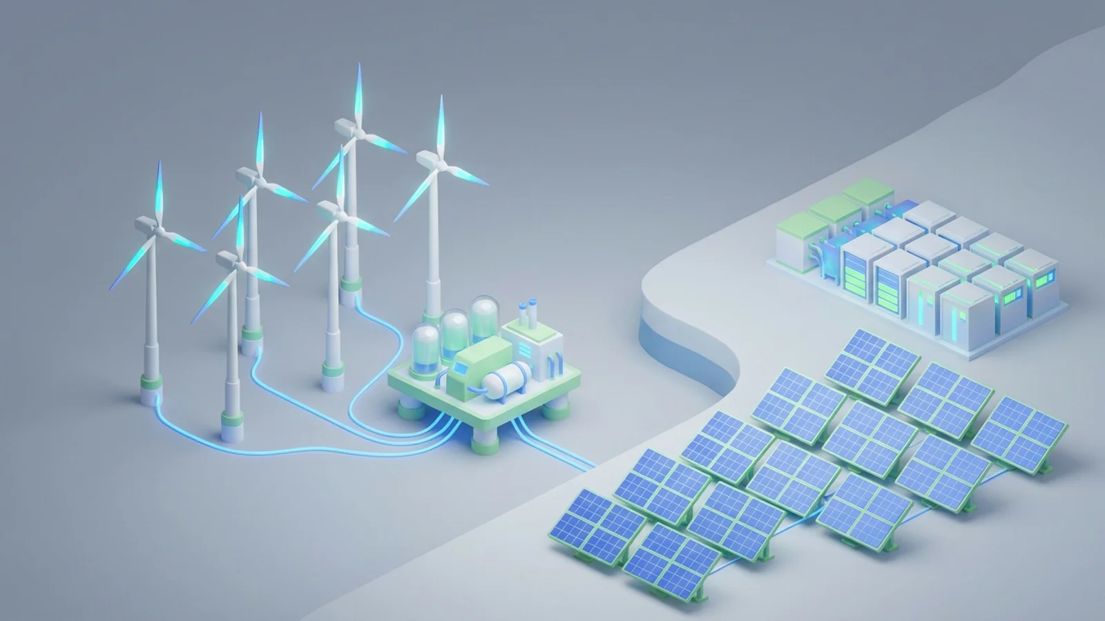 Isometric 3D illustration of An expansive isometric scene featuring a network of towering offshore wind turbines connected by underwater cables to a green hydrogen production platform, with a large utility-scale solar farm and an adjacent grid-scale battery storage facility on the nearby coastline.