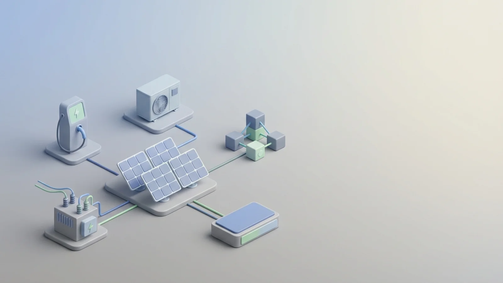 Isometric 3D illustration of solar array and substation with EV charger station and heat pump unit