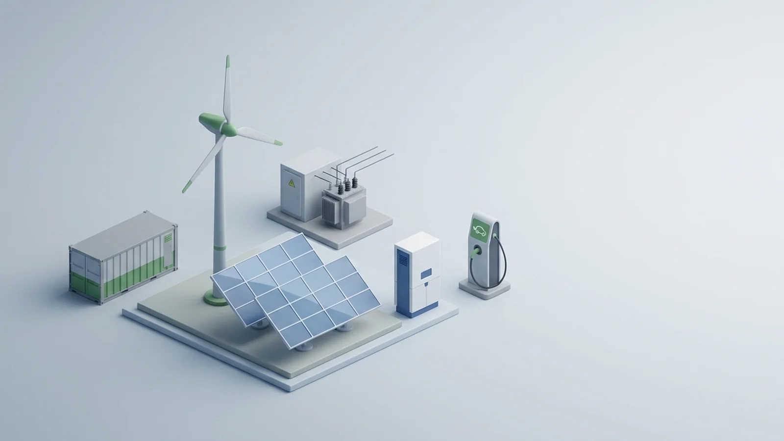 Isometric 3D illustration of solar array and wind turbine with battery container and substation