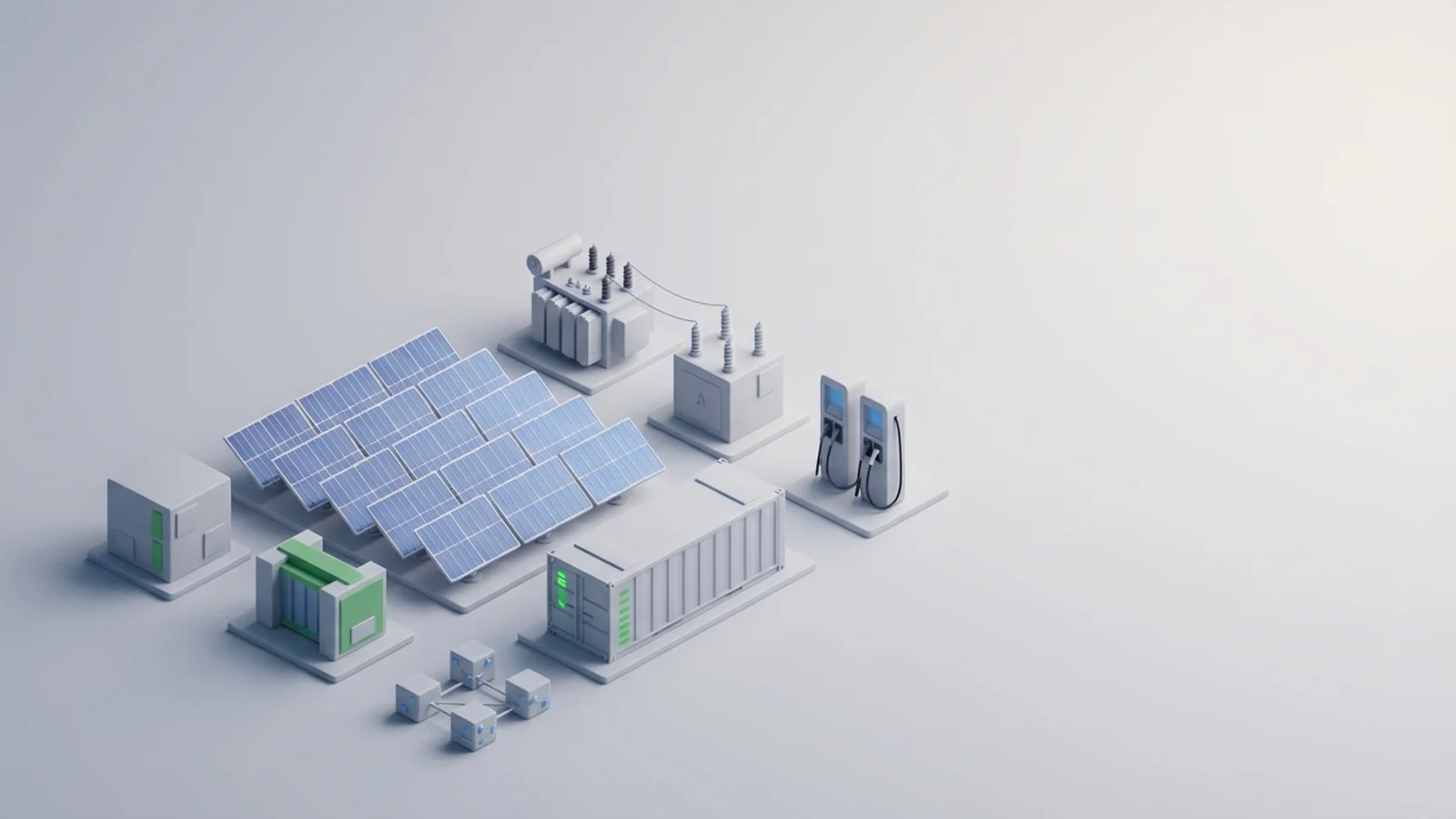 Isometric 3D illustration of solar array and battery container with substation and EV charger station