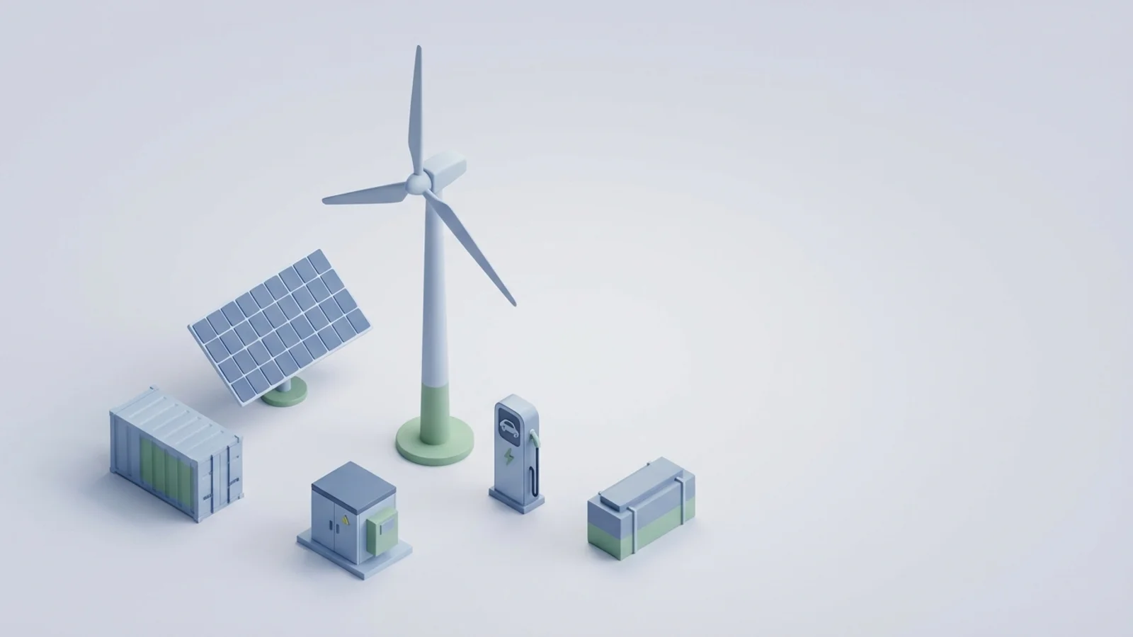 Isometric 3D illustration of solar array and wind turbine with battery container and substation