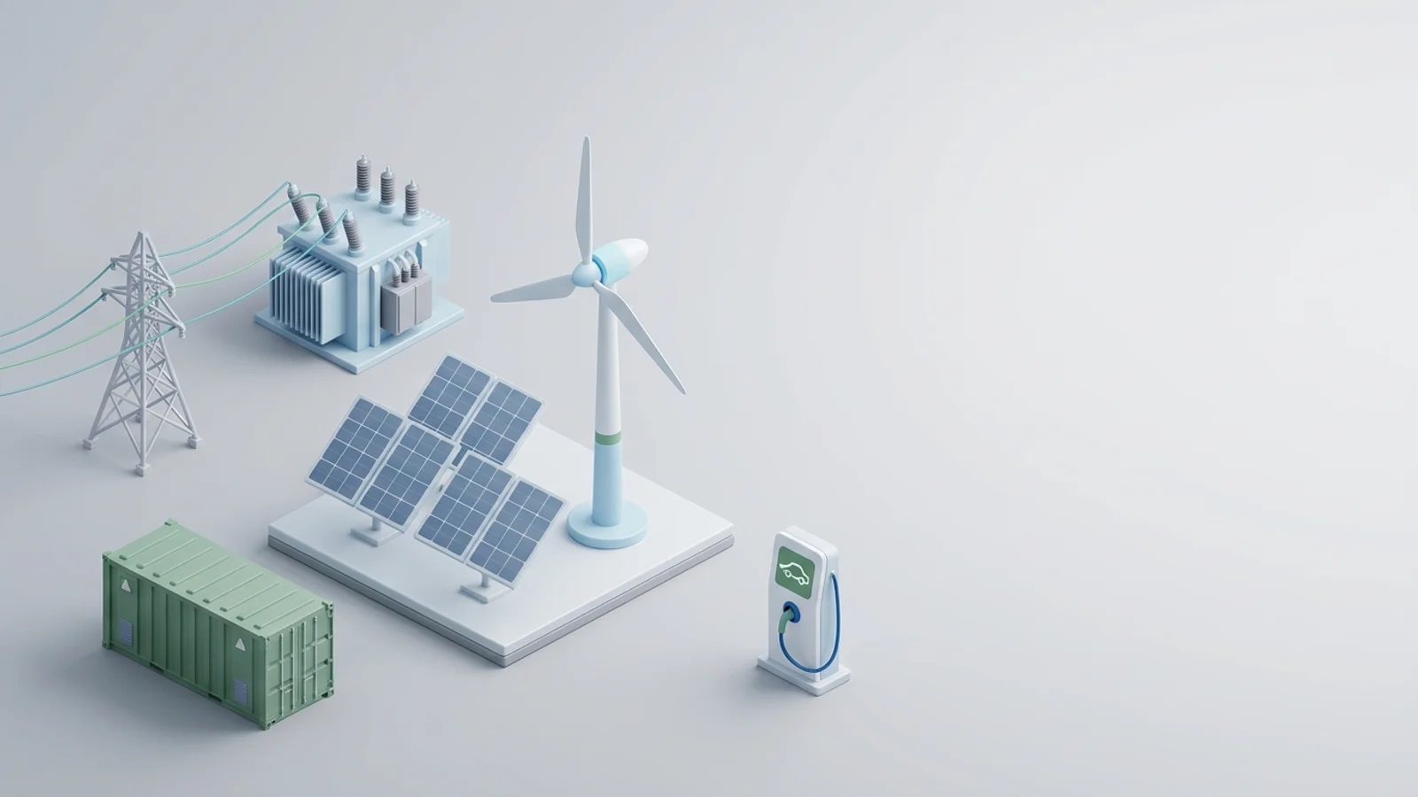 Isometric 3D illustration of solar array and wind turbine with battery container and substation