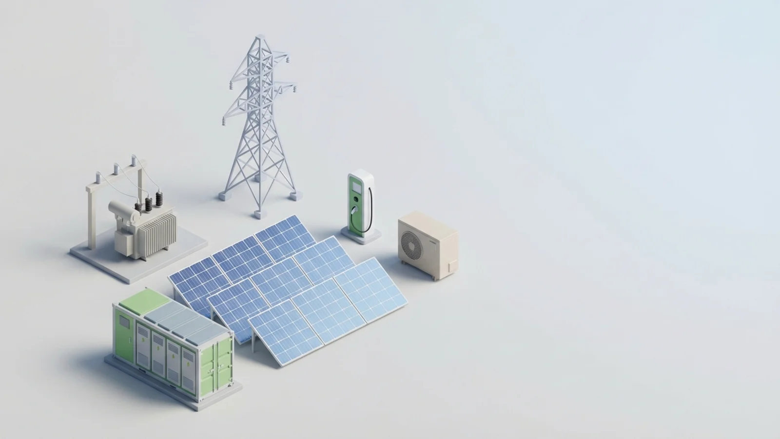 Isometric 3D illustration of solar array and battery container with substation and transmission tower