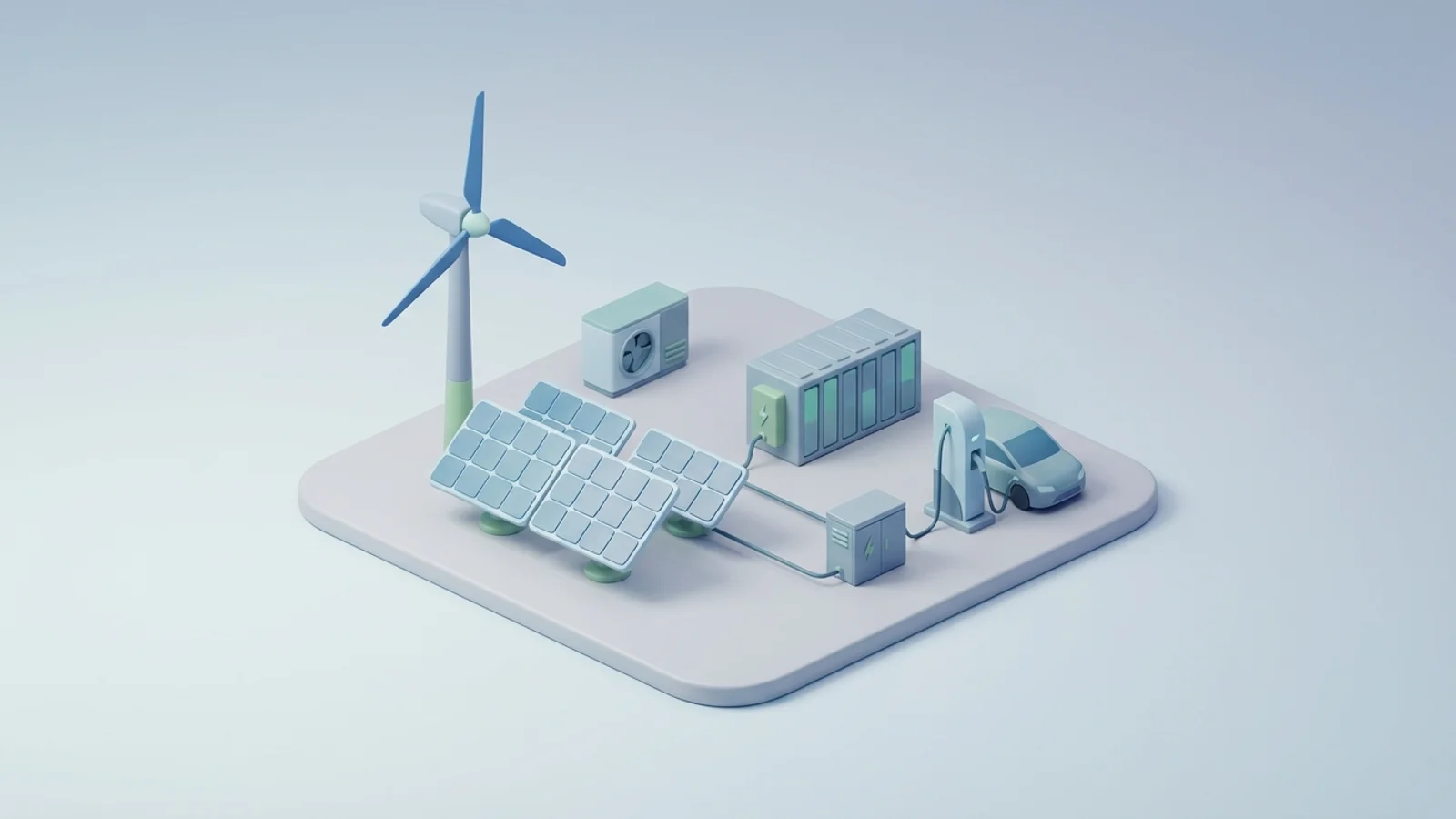Isometric 3D illustration of solar array and wind turbine with battery container and substation
