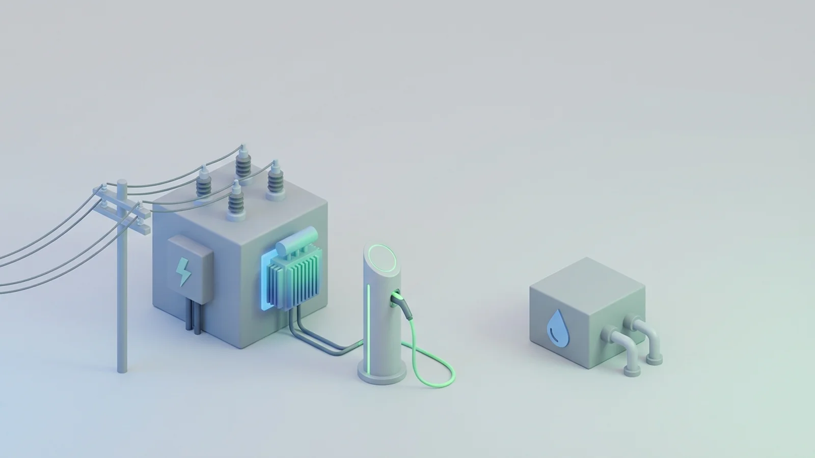 Isometric 3D illustration of substation and EV charger station with electrolyzer block and water droplet icon