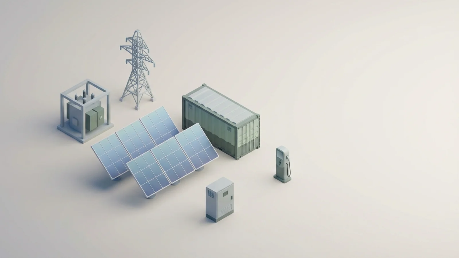 Isometric 3D illustration of solar array and battery container with substation and transmission tower