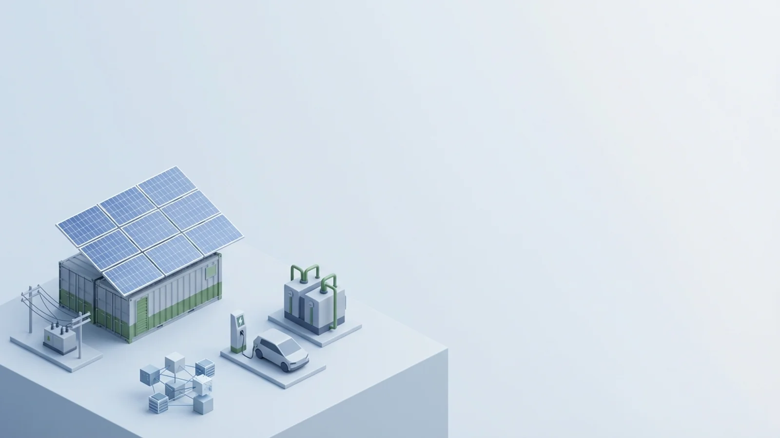 Isometric 3D illustration of solar array and battery container with substation and EV charger station