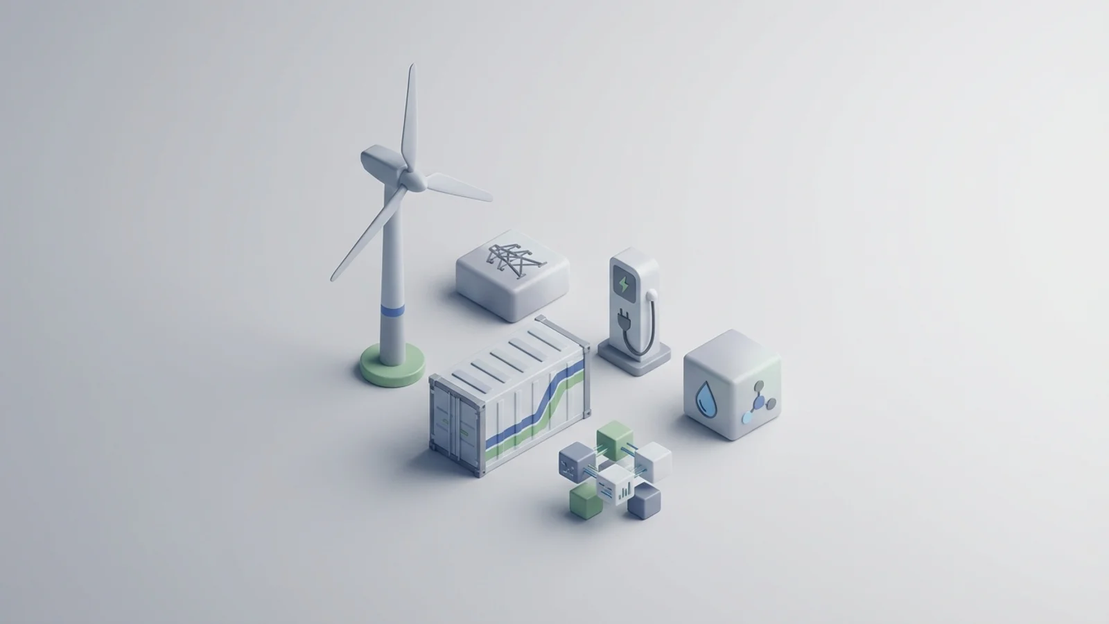 Isometric 3D illustration of wind turbine and battery container with substation and EV charger station