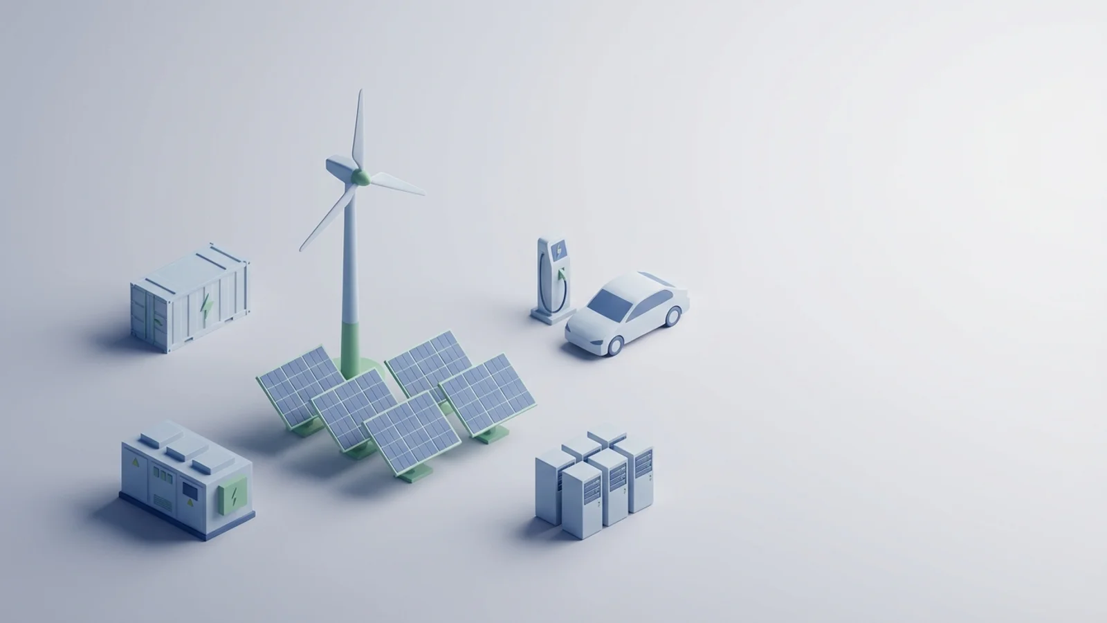 Isometric 3D illustration of solar array and wind turbine with battery container and substation