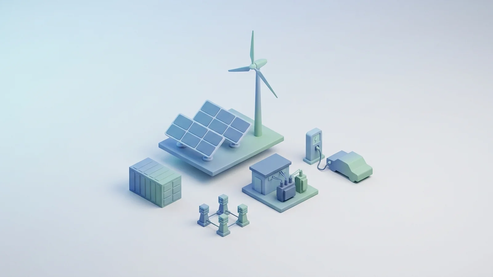 Isometric 3D illustration of solar array and wind turbine with battery container and substation