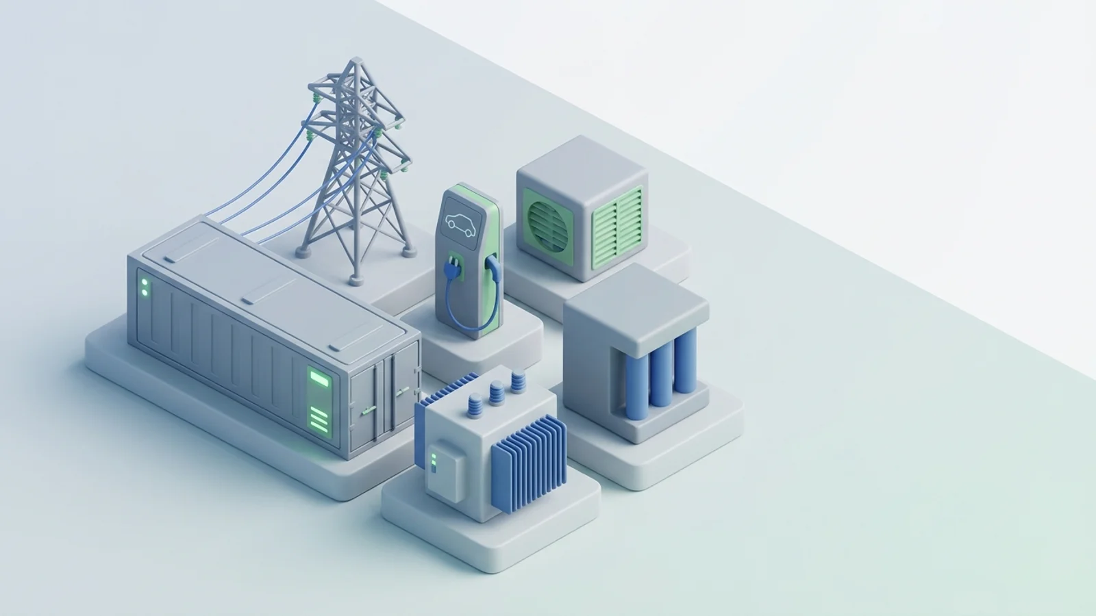 Isometric 3D illustration of battery container and substation with transmission tower and EV charger station