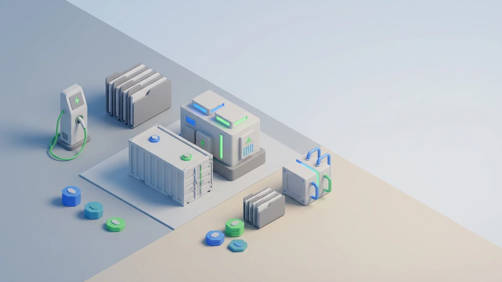 Isometric 3D illustration of battery container and substation with EV charger station and electrolyzer block