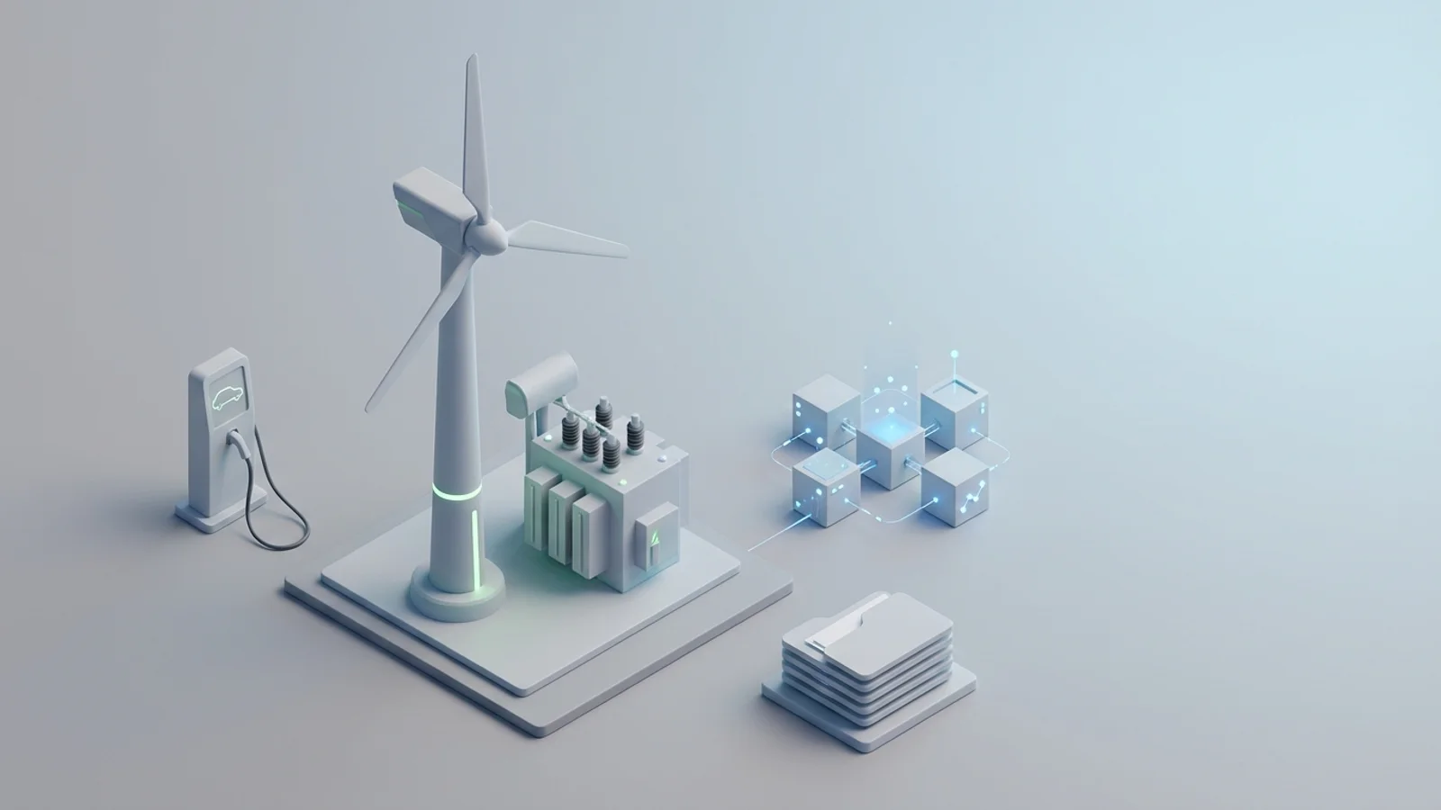 Isometric 3D illustration of wind turbine and substation with EV charger station and analytics node cluster
